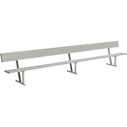 Extended aluminum bench with backrest, ideal for outdoor seating in public areas