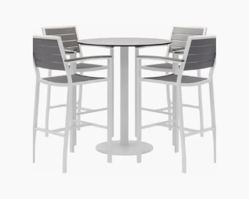 Bar-height outdoor dining set with aluminum frame and four chairs, ideal for patios and high-top seating areas