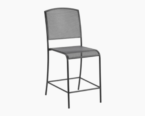 Steel mesh bar stool with a black frame and perforated seat and backrest.