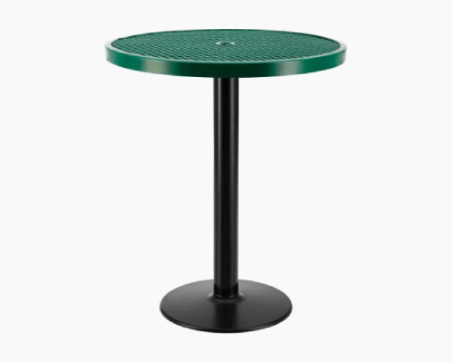 Round bar-height table with green expanded metal top and black pedestal base, ideal for outdoor use.