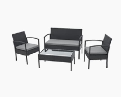 Four-piece outdoor conversation set with cushioned loveseat, two chairs, and glass-top coffee table