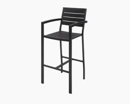 Black counter height stool with armrests and slatted backrest.