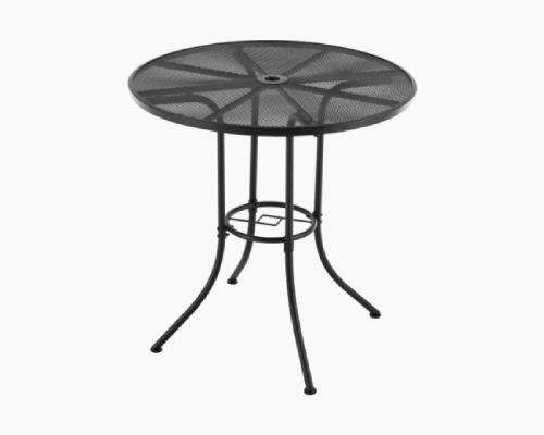 Round counter-height table with black steel mesh top and curved legs, ideal for outdoor settings.