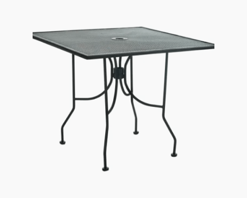 Square steel dining table with perforated top and sturdy legs, designed for outdoor settings.