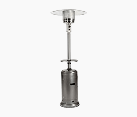 Stainless steel outdoor patio heater with a tall cylindrical base