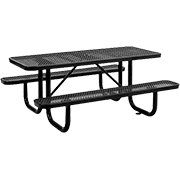 Black metal bench picnic table with built-in seats, designed for outdoor use in commercial and recreational spaces