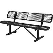 Black metal bench with backrest, designed for outdoor seating in commercial or recreational areas