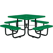 Green square picnic table with perforated metal benches for outdoor commercial or recreational use