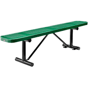 Green perforated metal bench with backless design for outdoor commercial use