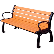 Durable plastic outdoor bench with backrest and armrests, designed for parks or public spaces