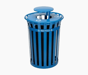 Blue outdoor recycling can with slotted design