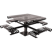 Square picnic table with black steel slat benches for durable outdoor seating