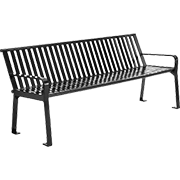 Black steel slat bench with backrest and armrests for outdoor seating