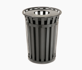 Black outdoor trash can with vertical slats and a round opening lid.