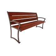 Outdoor wood bench with a metal frame, backrest, and armrests for comfortable seating in parks or public spaces