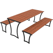 Wood picnic table with two matching benches, featuring a modern metal frame design for outdoor use